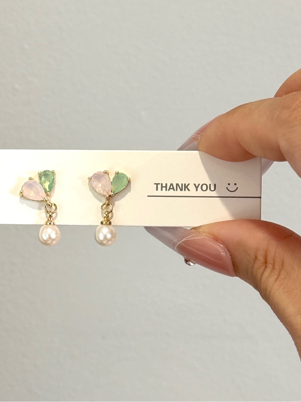 Gold Pearl Drop Earrings with Pink and Green Stones